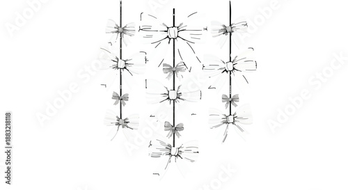 Abstract geometric pattern of luminous starburst shapes against a white background.