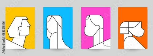 Abstract art poster, banner, card with silhouette woman. Set fashion portrait females in modern minimalist style. Vector illustration.