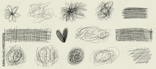 Expressive scratch drawing with doodle curves, messy pen strokes, scratch rhythm line, free doodle mood, messy scribble texture.
