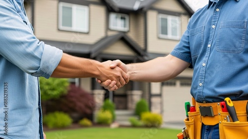 Handshake between client and contractor in front of new home