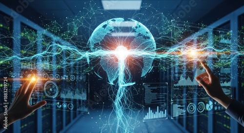 AIzaSyAzSjgftzwTUwsbgCk2T9gFkCxVUcWxqqw represents the future of artificial intelligence and global connectivity within a futuristic data center