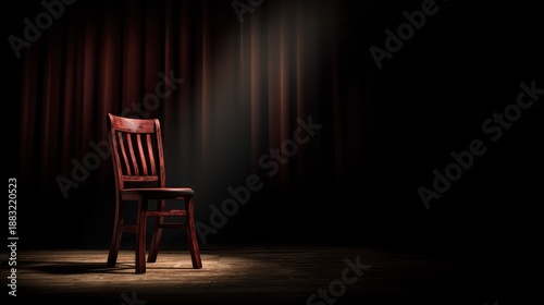 Minimalist theater stage with a lone wooden armchair illuminated by a focused spotlight. event programs, museum guides, designed for cultural heritage exhibitions and performing arts archives.