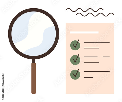 Task management, auditing, quality control, goal tracking, research, organization. A magnifying glass next to a checklist with green checkmarks. Task management and auditing concept