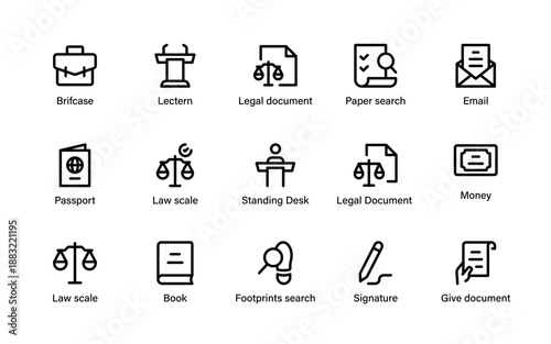 Comprehensive law system visuals including courts, police service, legal paperwork, ethics and government control symbols