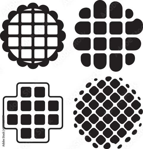 various shaped waffle icon, black and white minimalist grid design element