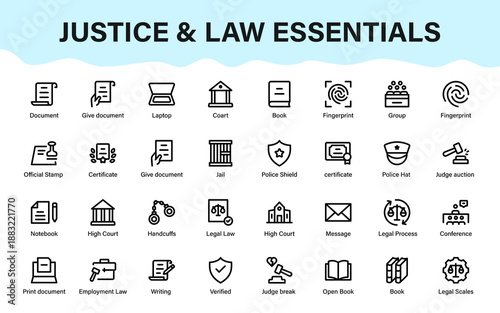 Justice and Legal System Icons Collection featuring court, judge, police, documents, certificates, law enforcement, and official legal processes