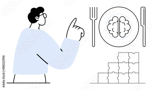 Brain health concept. Brain health supported by balanced nutrition with mental stimulation and exercises. Brain health linked to learning, memory, creativity, growth. Education, wellness, food