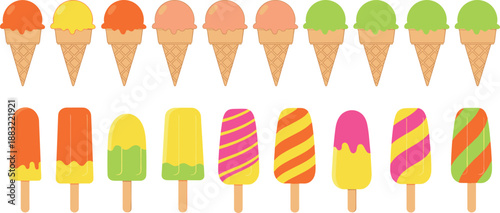 Vector illustration mega-set featuring diverse flat design popsicles and colorful single scoop ice cream waffle cones for summer
