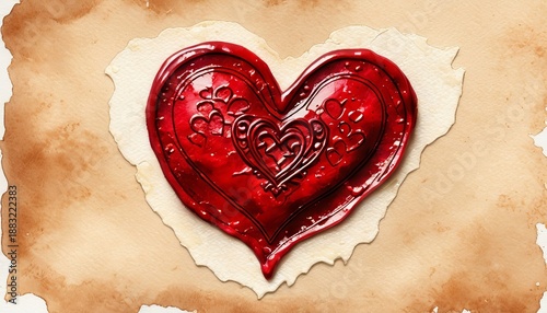 Watercolor wax seal heart on textured paper