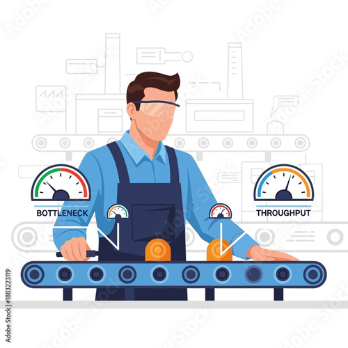 Factory worker monitors production line efficiency using bottleneck and throughput gauges on a conveyor belt system