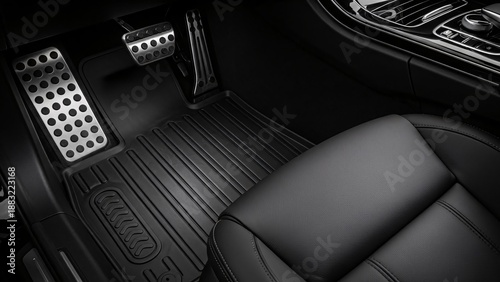 Modern luxury car interior with pedal covers and custom floor mats