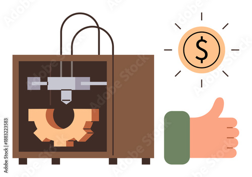 3D printing, cost efficiency, manufacturing, prototyping, innovation, business. 3D printer creating a gear with dollar icon and thumbs-up. 3D printing and cost efficiency concepts
