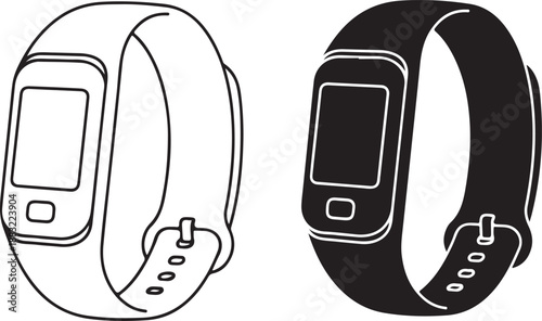 Smart fitness tracker wristband icon set isolated on white background depicting wearable electronic device for health monitoring