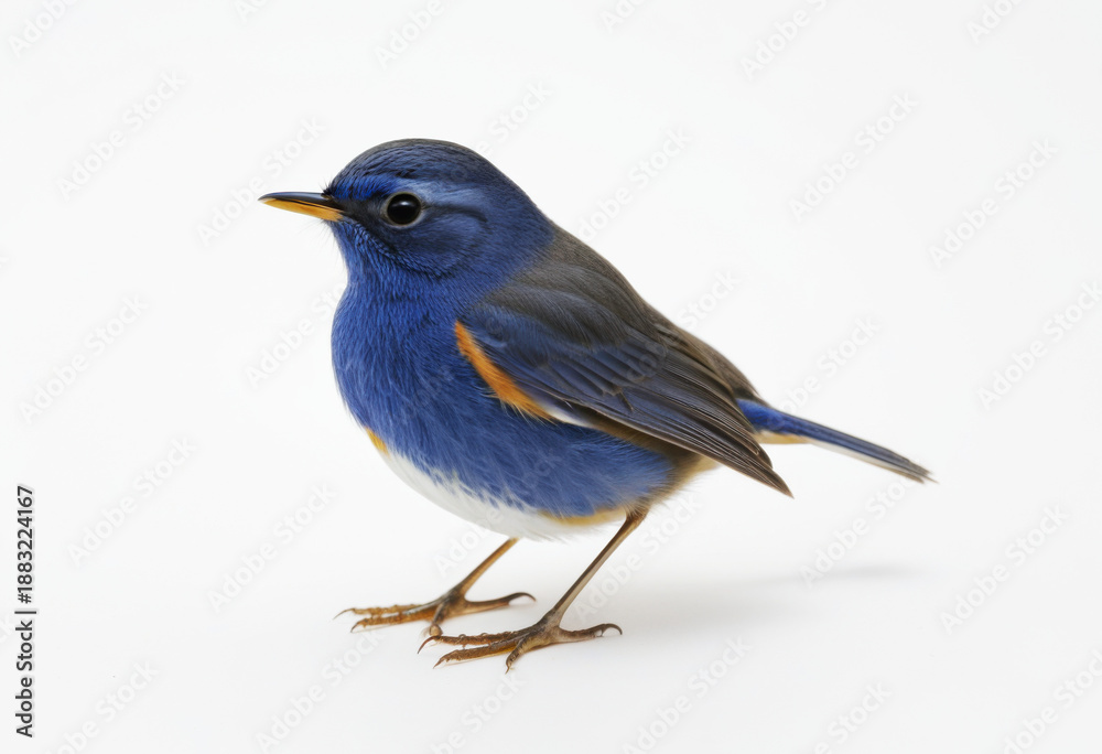 Obraz premium Siberian Blue Robin (Larvivora cyane), small migratory songbird of flycatcher family, with slender beak, white background