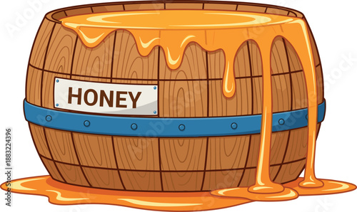 Traditional wooden barrel overflowing with fresh golden honey and a rustic metal label vector illustration for organic food branding.