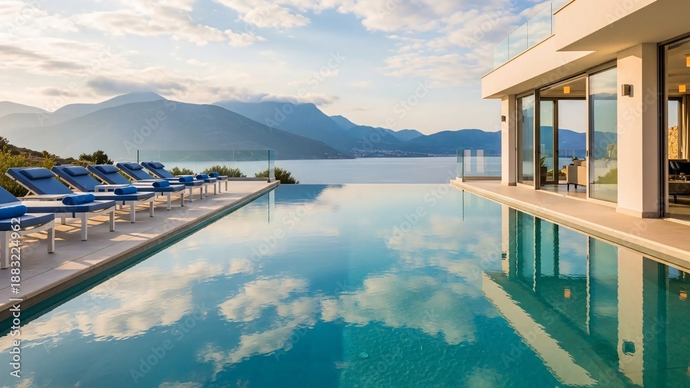 Fototapeta premium Serene lakeside infinity pool with mountain view