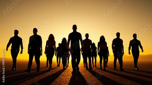 A group of people walking together in unison towards a vibrant sunset