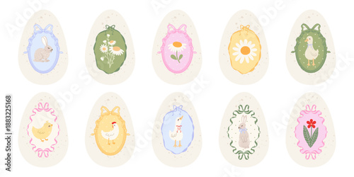 Cute Easter egg set with Doodle hand drawn flowers, gooses, chickens and bunnies in whimsical ribbon frames. Paschal symbols and spring holiday elements. Vector illustration