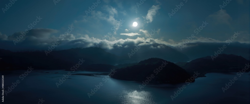 Fototapeta premium Emerald Reservoir under a quiet moonlit sky with a sea of clouds and surrounding peaks in Xindian District, New Taipei City, Taiwan