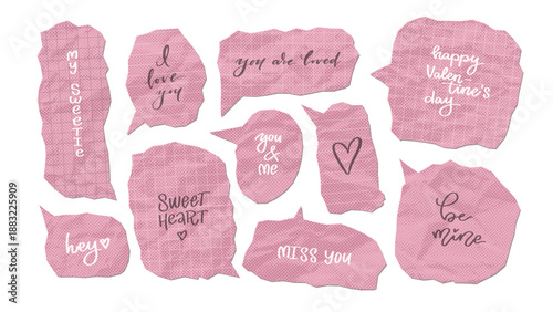 Valentines day vector crumples paper pink speech bubble with love messages - I love you, be mine, sweetheart etc. Cartoon icons, stickers, vintage collage vector design.