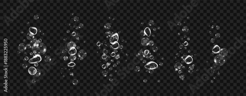 Set of clean water bubbles with soap foam effect, fresh wave and hygiene on black background.
