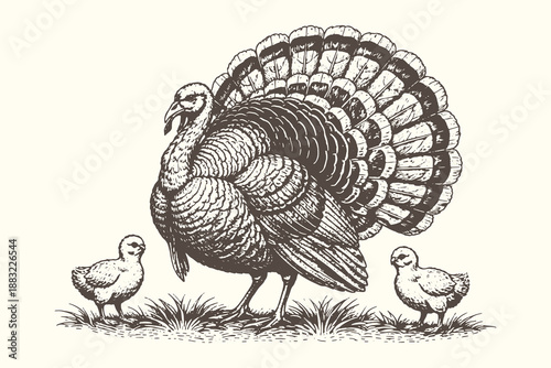 Large turkey with its young chicks walking in a field in vintage hand-drawn line art engraving style, farm poultry nature vector illustration for design.