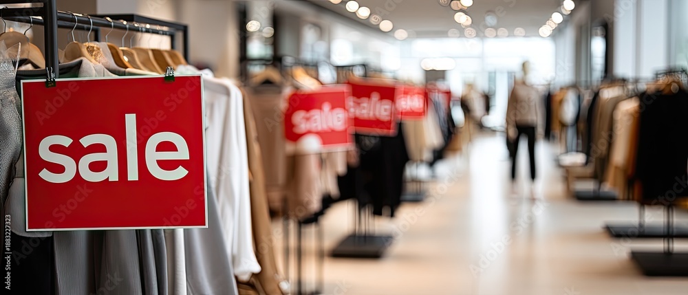 Fototapeta premium Several red sale signs are seen in a fashion store with mannequins showcasing clothing in the background