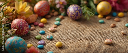 Brightly colored Easter eggs alongside vibrant candy on burlap fabric create an energetic backdrop for festivities