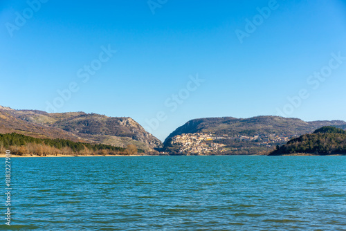 Barrea lake and village in Abruzzo mountains, Italy