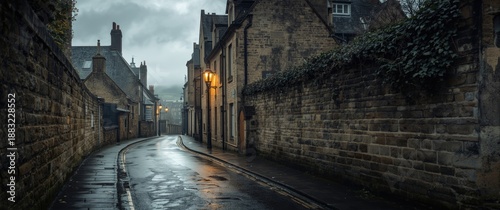 York, UK medieval alley on a rainy day featuring a wet pavement and narrow city centre passage