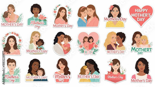 Mothers Day stickers diverse women and children heartwarming family moments vector illustrations for greeting cards an