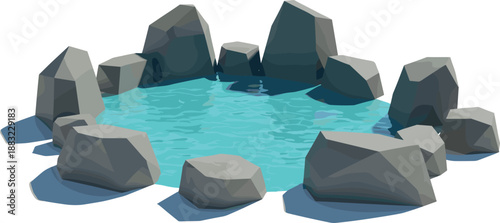 Vector illustration featuring a natural rock pool with clear turquoise water and jagged grey stones for landscape designs