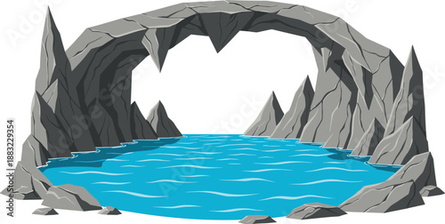 Vector illustration featuring a natural stone arch over a blue sea pool with jagged grey rocks and cliffs