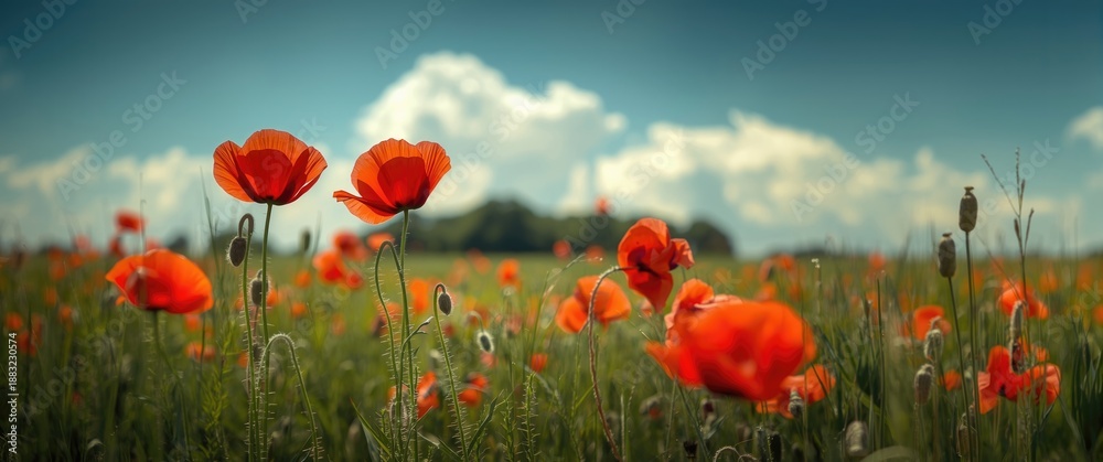 Obraz premium Green field adorned with poppies