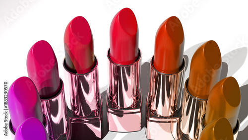set Luxurious golden lipsticks scattered on light background, elegance and beauty in cosmetics, Beauty industry glamour, 3d render