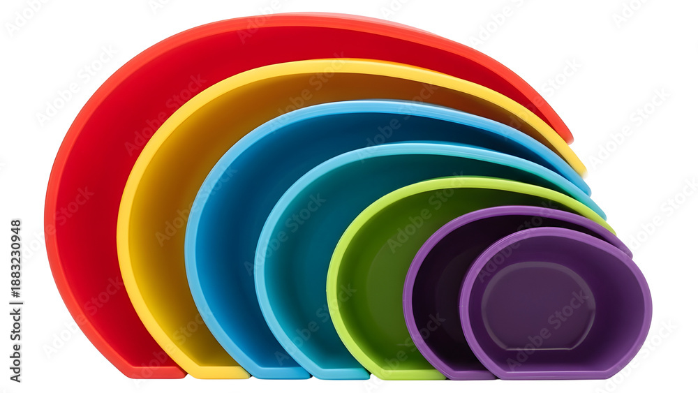 Obraz premium Stack of Colorful Rainbow Measuring Cups and Bowls Isolated on White Background