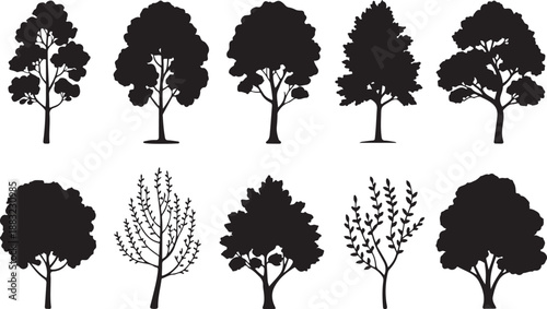Set of black silhouette illustrations of various trees with detailed foliage and trunks on a white background