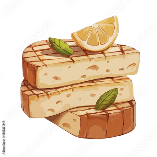 Stack of cheese with lemon and basil isolated on white background, Vector, illustration