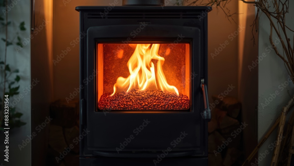 Fototapeta premium Granules being burned in a stove with flames, focusing on heating technology safety and maintenance, winter preparedness