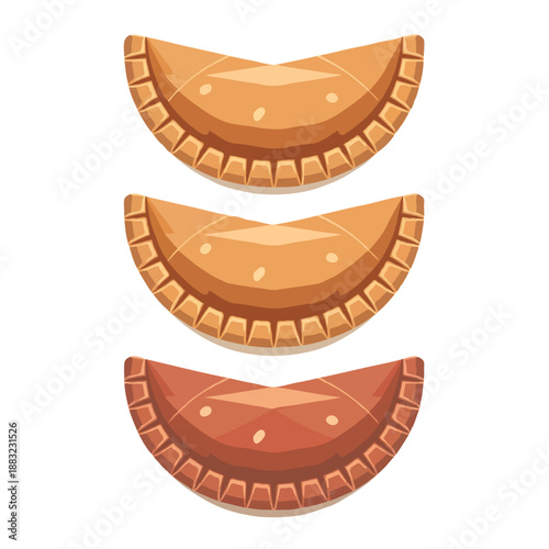 Three golden pastries stacked isolated on white background, Vector, illustration