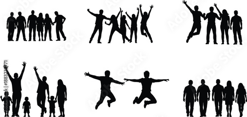 Silhouette illustration of diverse groups of people celebrating, walking, and interacting, symbolizing unity, friendship, family, joy, and community connection