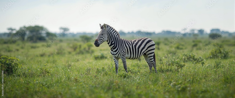 Fototapeta premium Wild zebra amidst vibrant green grass in nature
