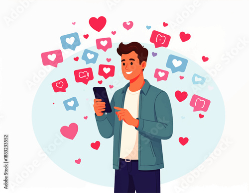 Digital Affection: A young man is engrossed with his mobile phone surrounded by heart symbols, conveying love and social interaction.