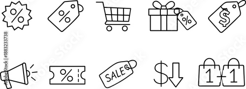 Sale and discount icons set. Promotion, special offer, shopping cart and price reduction outline symbols