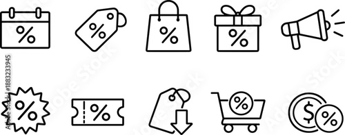 Sale and discount icons set. Promotion, special offer, shopping cart and price reduction outline symbols