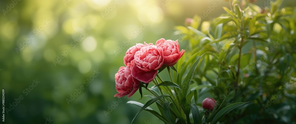 Obraz premium Nature scene featuring wild peony flowers, green and red blooms, perfect for spring and summer backgrounds
