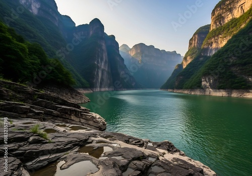 Yangtze River Gorges Panorama — Three Gorges Reservoir at Golden Hour