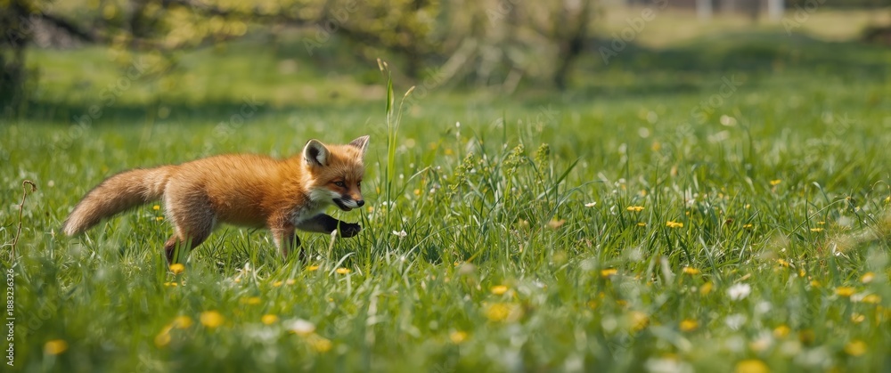 Fototapeta premium Red fox kit in open field