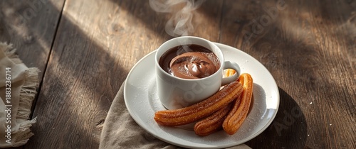 Traditional churros and hot chocolate breakfast in Spain on wooden table