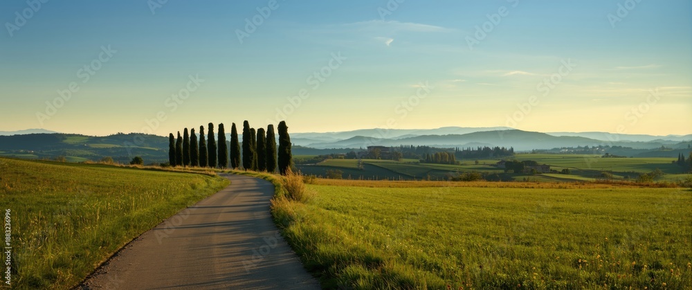 Fototapeta premium Scenic view of Monteroni d'Arbia on the via francigena path featuring a winding road, fields, and trees, Siena in the distance, Tuscany, Italy, Europe